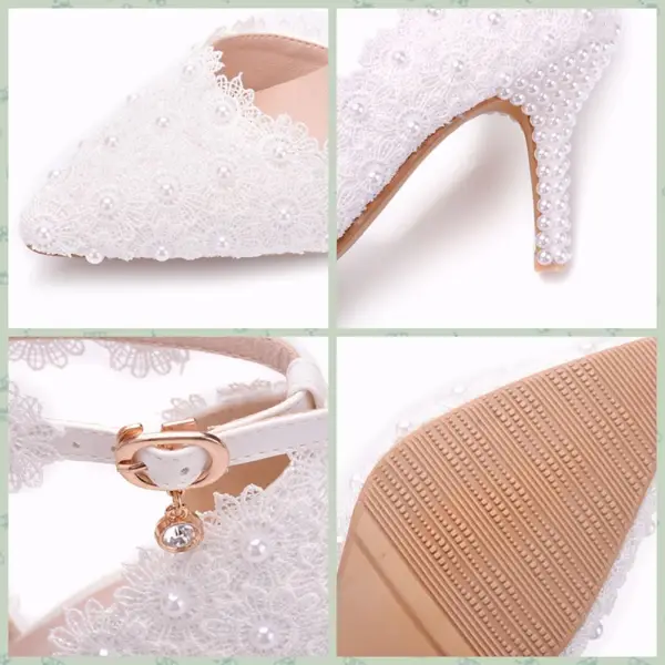 Chic / Beautiful White Wedding Shoes 2018 Lace Flower Pearl 8 cm Stiletto Heels Pointed Toe Wedding High Heels