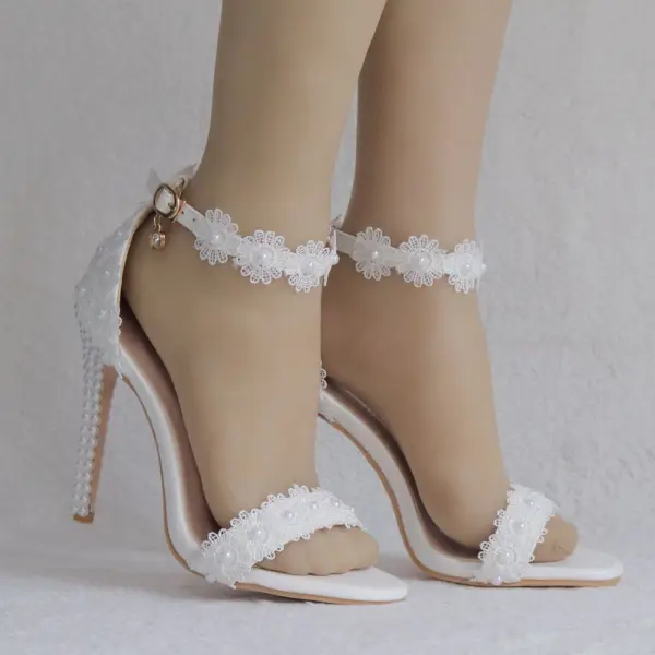 Chic / Beautiful White Wedding Shoes 2018 Lace Flower Pearl Ankle Strap 9 cm Stiletto Heels Open / Peep Toe Wedding High Heels
