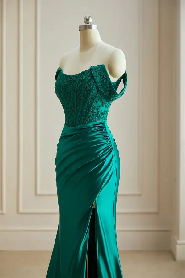 Sexy Meerjungfrau Dunkelgrün Abendkleider 2024 Gespaltete Front Festliche Kleider Reißverschluss Rüschen Sweep / Pinsel Zug Off Shoulder Satin