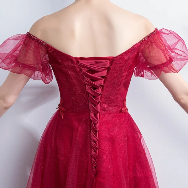 Elegant Burgundy Prom Dresses 2018 Empire Lace Flower Crystal Beading Off-The-Shoulder Backless Sleeveless Floor-Length / Long Formal Dresses