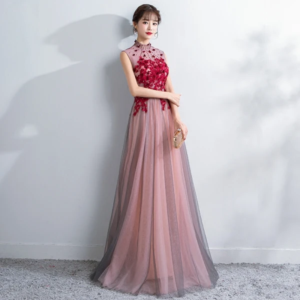 Chinese style Evening Dresses  2018 A-Line / Princess Crystal Lace Flower Appliques High Neck Backless See-through Sleeveless Floor-Length / Long Formal Dresses