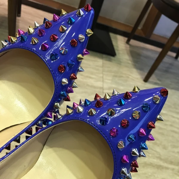 Schöne Königliches Blau Ball Pumps 2018 Niet Leder 12 cm Stilettos Spitzschuh Pumps