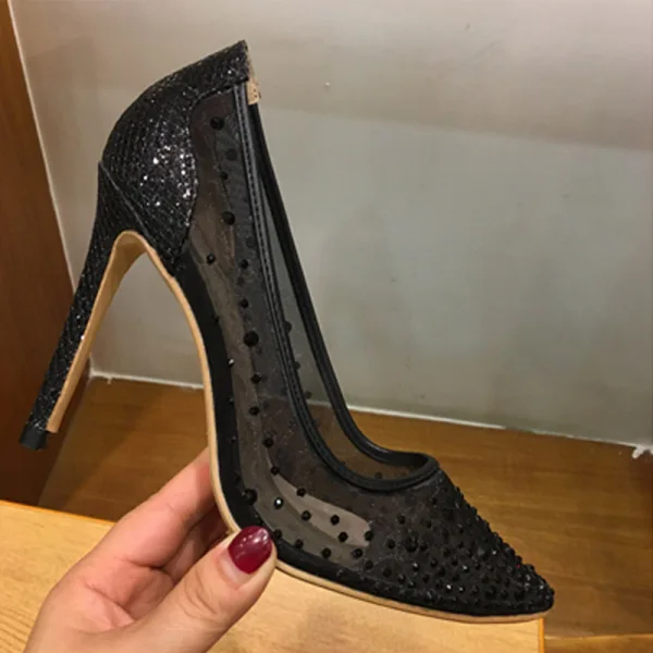 Schöne Nude Ball Pumps 2018 Strass Pailletten Leder 10 cm Stilettos Spitzschuh Pumps