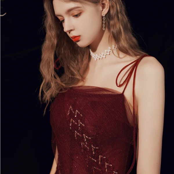 Sexy Burgundy Evening Dresses 2021 Beading Sequins Tulle Spaghetti Straps Sleeveless Backless A-Line / Princess Floor-Length / Long Evening Party Formal Dresses