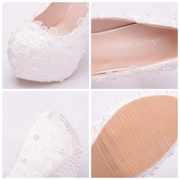 Chic / Beautiful White Wedding Shoes 2018 Lace Flower Pearl 14 cm Stiletto Heels Round Toe Wedding Pumps