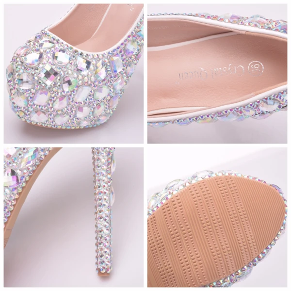 Sparkly Sølv Brudesko 2018 Krystall Rhinestone 14 cm Stiletthæler Rund Tå Bryllup Pumps