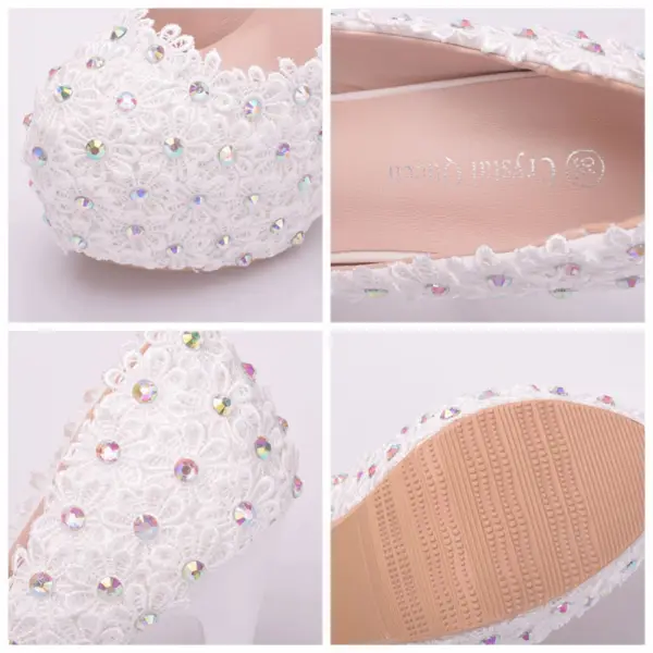 Chic / Beautiful White Wedding Shoes 2018 Lace Flower Rhinestone 14 cm Stiletto Heels Round Toe Wedding Pumps