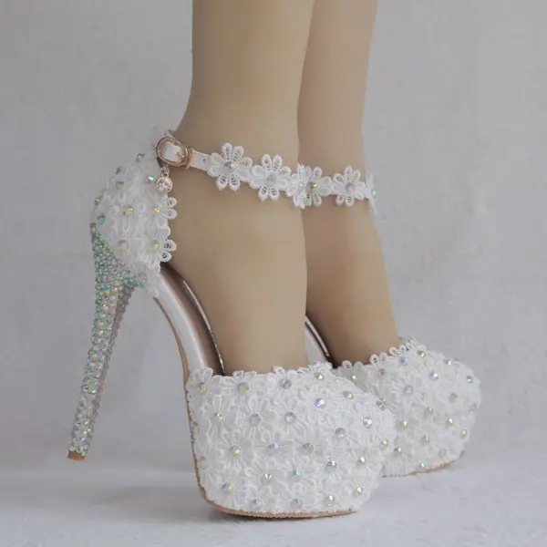 Chic / Beautiful White Wedding Shoes 2018 Lace Flower Rhinestone 14 cm Stiletto Heels Wedding Round Toe High Heels