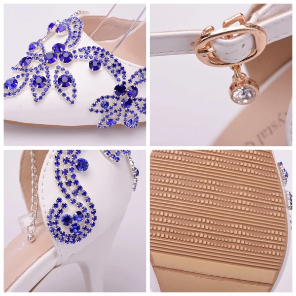 Schöne Weiß Brautschuhe 2018 Strass Knöchelriemen 9 cm Stilettos Spitzschuh Hochzeit Hochhackige