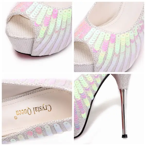 Romantique Argenté Chaussure De Mariée 2018 Paillettes 14 cm Talons Aiguilles Peep Toes / Bout Ouvert Mariage Talons Hauts
