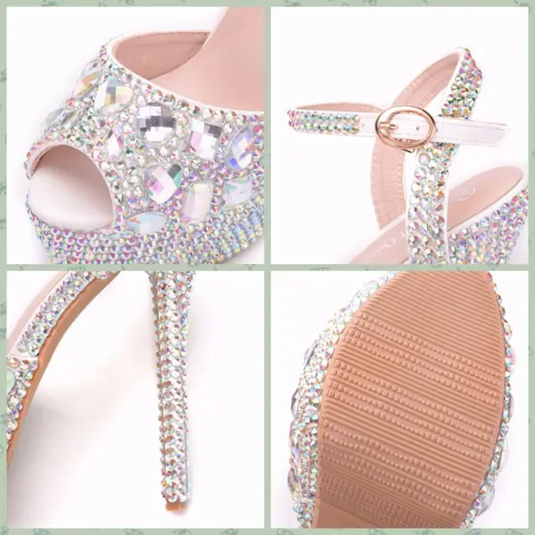 Sparkly Silver Wedding Shoes 2018 Crystal Rhinestone Ankle Strap 14 cm Stiletto Heels Open / Peep Toe Wedding High Heels