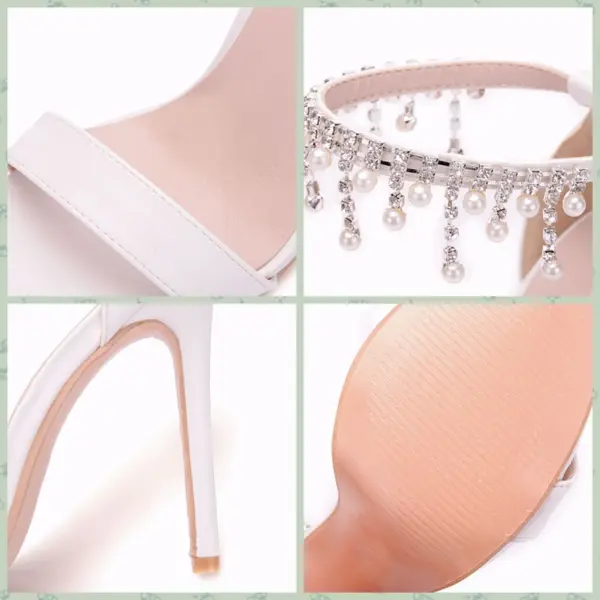 Sexy White Wedding Shoes 2018 Pearl Rhinestone Tassel Ankle Strap 11 cm Stiletto Heels Open / Peep Toe Wedding High Heels