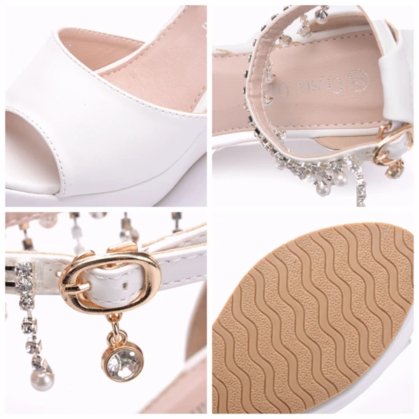 Mote Hvit Casual Kilehæl Damesko 2018 Perle Rhinestone Dusk Ankelstropp Peep Toe
