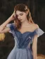 Elegant Ocean Blue Prom Dresses A-Line / Princess 2021 Scoop Neck Rhinestone Sequins Short Sleeve Backless Floor-Length / Long Formal Dresses