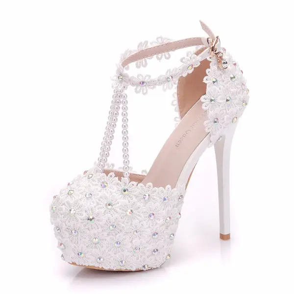 Modern / Fashion White Wedding Shoes 2018 Lace Flower Pearl Rhinestone Ankle Strap T-Strap 11 cm Stiletto Heels Round Toe Wedding High Heels