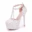 Modern / Fashion White Wedding Shoes 2018 Lace Flower Pearl Rhinestone Ankle Strap T-Strap 11 cm Stiletto Heels Round Toe Wedding High Heels