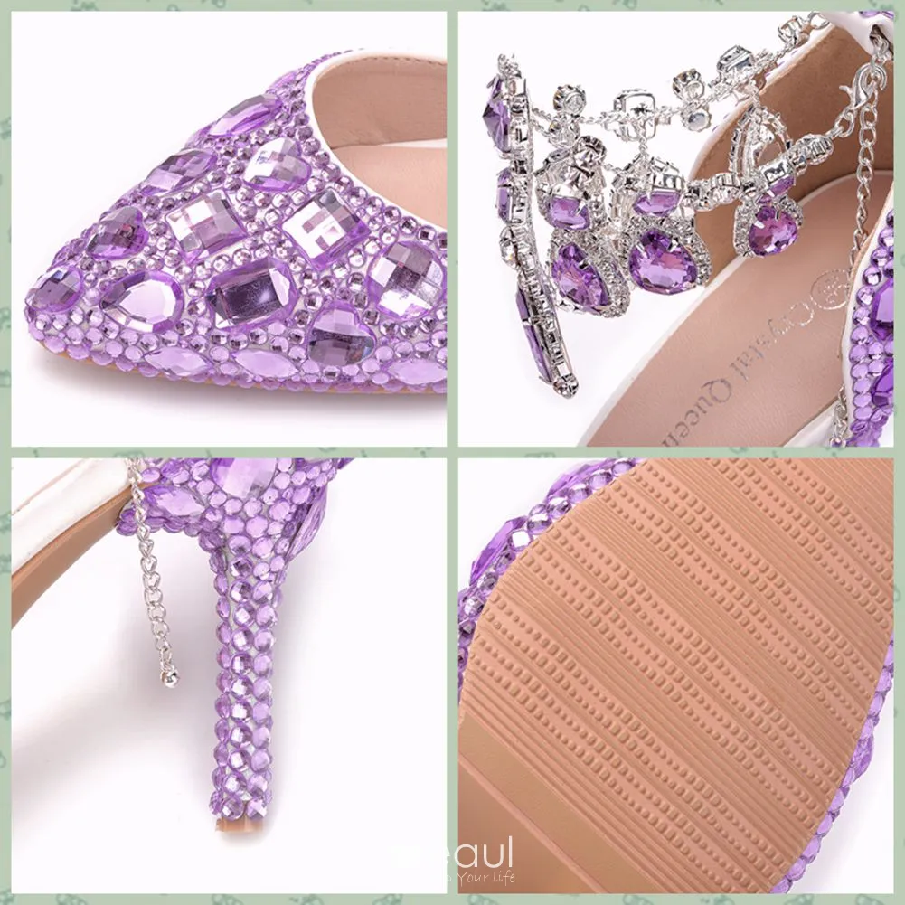 Charming Lavender Glitter Appliques Wedding Shoes 2023 Ankle Strap 10 cm  Stiletto Heels Pointed Toe Wedding