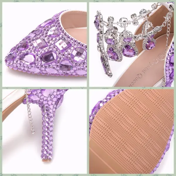 Charmant Lila Brautschuhe 2018 Kristall Knöchelriemen 9 cm Stilettos Spitzschuh Hochzeit Hochhackige