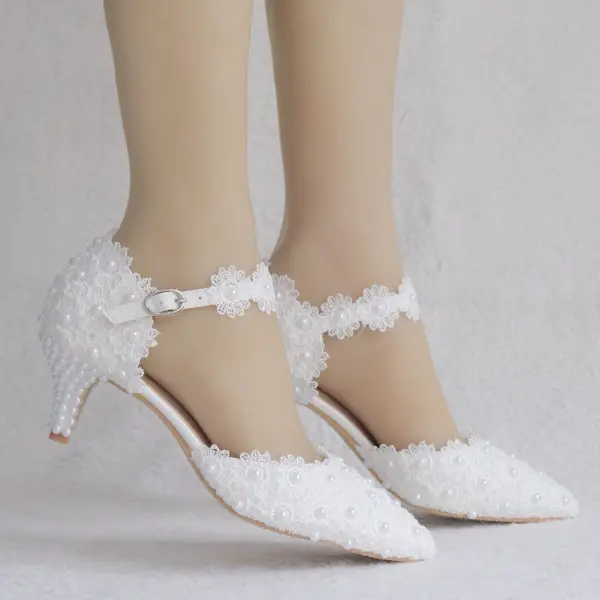 Chic / Beautiful White Wedding Shoes 2018 Lace Pearl Buckle 5 cm Stiletto Heels Pointed Toe Wedding High Heels
