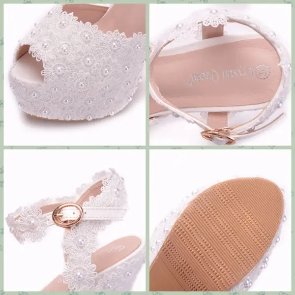 Moderne / Mode Blanche Chaussure De Mariée 2018 En Dentelle Fleur Perle Bride Cheville 14 cm Talons Aiguilles Peep Toes / Bout Ouvert Mariage Talons Hauts