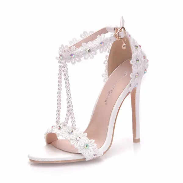 Charmant Blanche Chaussure De Mariée 2018 T-Strap En Dentelle Fleur Perle Faux Diamant Bride Cheville 11 cm Talons Aiguilles Peep Toes / Bout Ouvert Mariage Talons Hauts