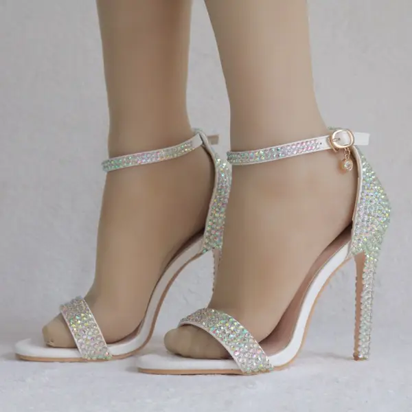 Schöne Weiß Brautschuhe 2018 Strass Knöchelriemen 11 cm Stilettos Peeptoes Hochzeit Hochhackige