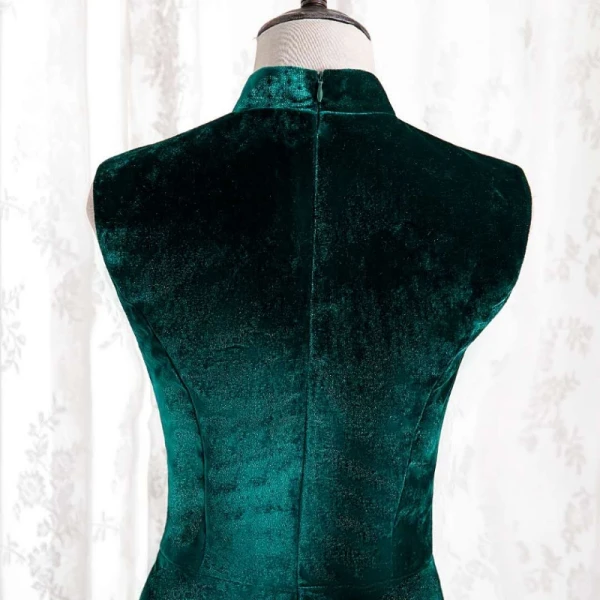 Chinese style Dark Green Cheongsam / Qipao Trumpet / Mermaid Evening Dresses 2021 High Neck Sleeveless Suede Evening Party Floor-Length / Long Formal Dresses