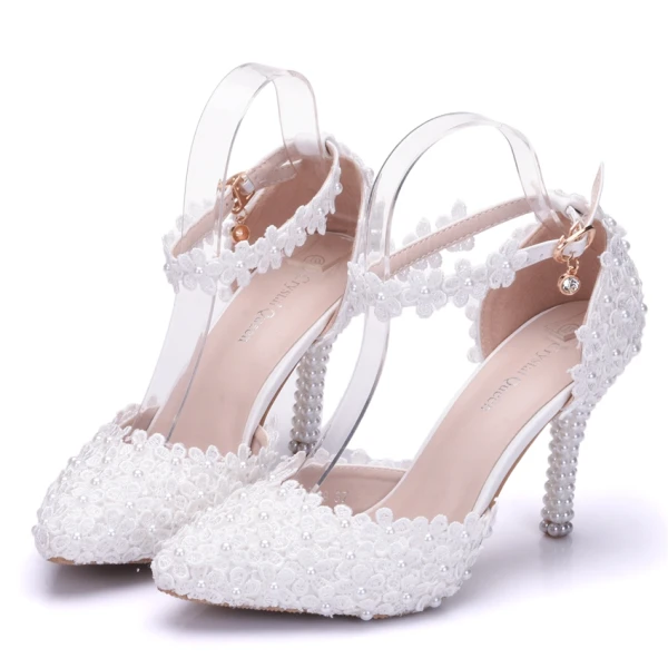 Modern / Fashion White Wedding Shoes 2018 Lace Flower Pearl Ankle Strap 9 cm Stiletto Heels Pointed Toe Wedding High Heels