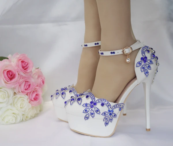 Chic / Beautiful Royal Blue Wedding Shoes 2018 Rhinestone 14 cm Stiletto Heels Round Toe Wedding High Heels