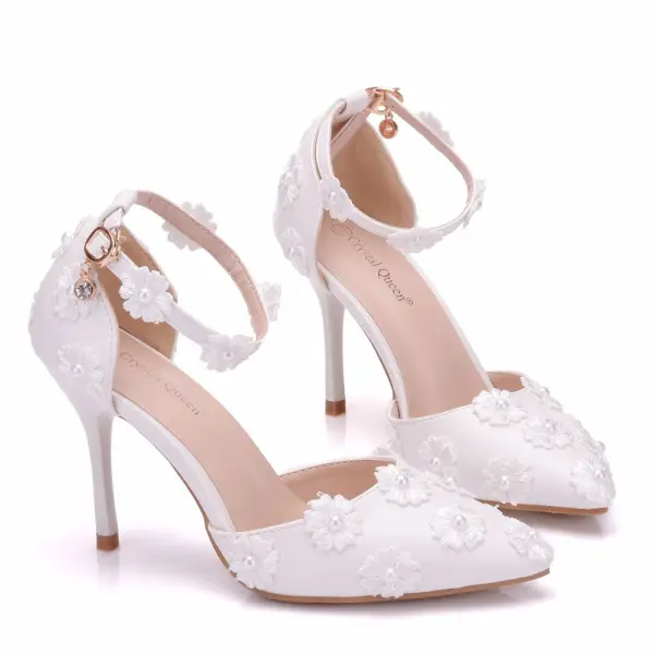 Chic / Belle Blanche Chaussure De Mariée 2018 En Dentelle Fleur Perle Bride Cheville 7 cm Talons Aiguilles À Bout Pointu Mariage Talons Hauts