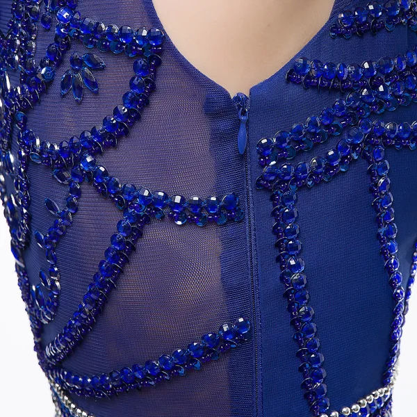 Modern / Fashion Royal Blue Chiffon See-through Evening Dresses 2018 A-Line / Princess Scoop Neck Sleeveless Pearl Rhinestone Beading Sweep Train Ruffle Formal Dresses