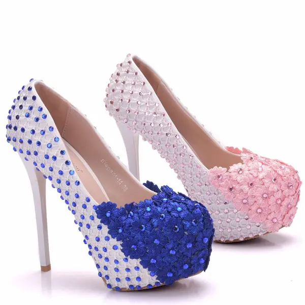 Lovely Blushing Pink Wedding Shoes 2018 Lace Flower Rhinestone 14 cm Stiletto Heels Round Toe Wedding Pumps