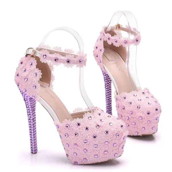 Charmant Rose Bonbon Chaussure De Mariée 2018 En Dentelle Fleur Faux Diamant Bride Cheville 11 cm Talons Aiguilles À Bout Rond Mariage Escarpins