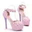 Charmant Rose Bonbon Chaussure De Mariée 2018 En Dentelle Fleur Faux Diamant Bride Cheville 11 cm Talons Aiguilles À Bout Rond Mariage Escarpins