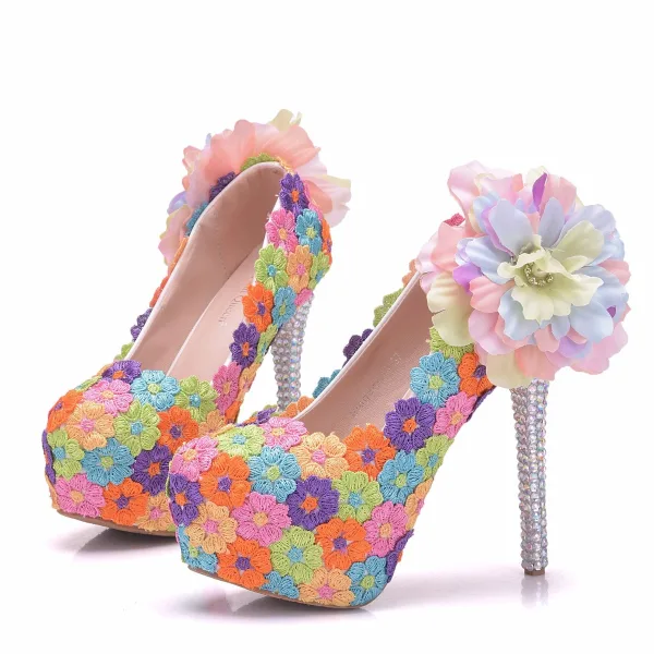 Flower Fairy Multi-Colors Prom Pumps 2018 Lace Handmade  Flower 14 cm Rhinestone Stiletto Heels Round Toe Pumps