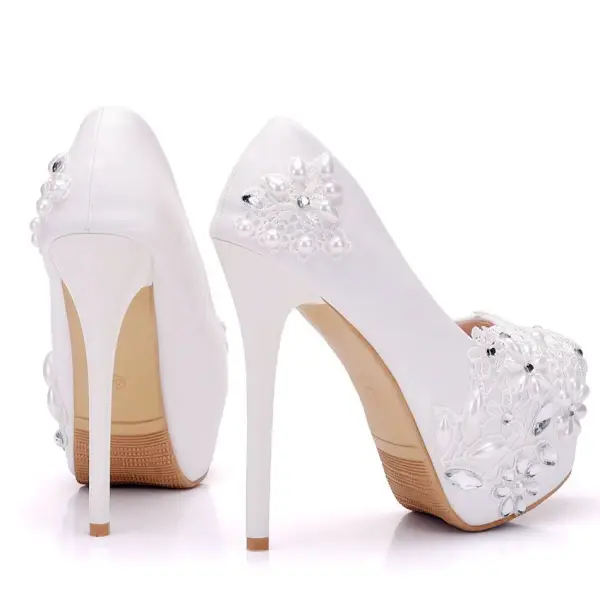 Chic / Beautiful White Wedding Shoes 2018 Lace Pearl Rhinestone 14 cm Stiletto Heels Round Toe Wedding Pumps