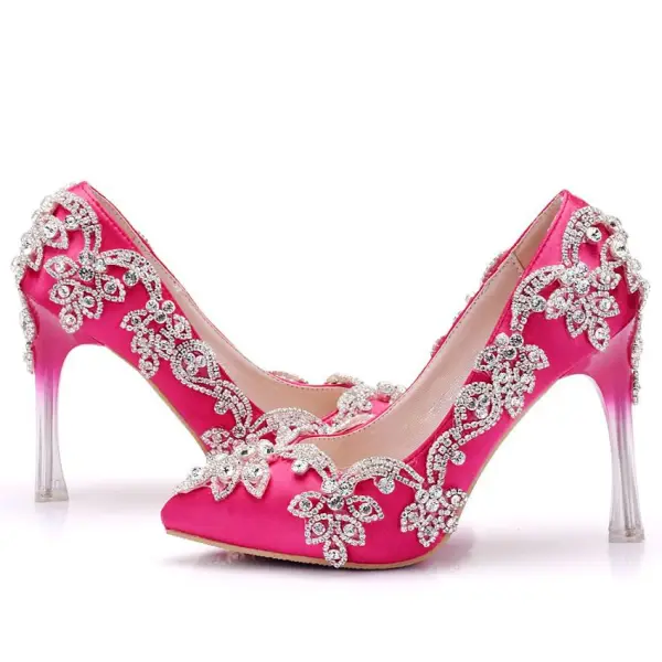 Charmant Fuchsie Brautschuhe 2018 Strass 8 cm Kristall Stilettos Spitzschuh Hochzeit Pumps
