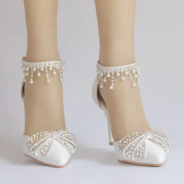 Modern / Fashion White Wedding Shoes 2018 Pearl Rhinestone Tassel 9 cm Stiletto Heels Pointed Toe Wedding High Heels