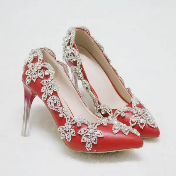 Chinese style Red Wedding Shoes 2018 Rhinestone 9 cm Crystal Stiletto Heels Pointed Toe Wedding Pumps
