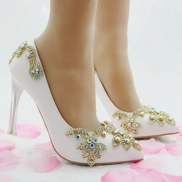 Mode Vita Brudskor 2018 Rhinestone 9 cm Kristall Stilettklackar Spetsiga Bröllop Pumps