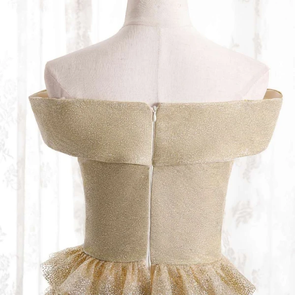 Glitzernden Sexy Gold Rüschen Abendkleider 2021 A Linie Off Shoulder Pailletten Kurze Ärmel Rückenfreies Lange Festliche Kleider