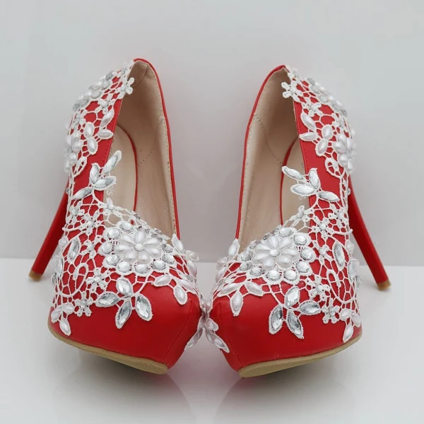 Chic / Beautiful Red Wedding Shoes 2018 Appliques Lace Pearl Rhinestone 14 cm Stiletto Heels Round Toe Wedding Pumps