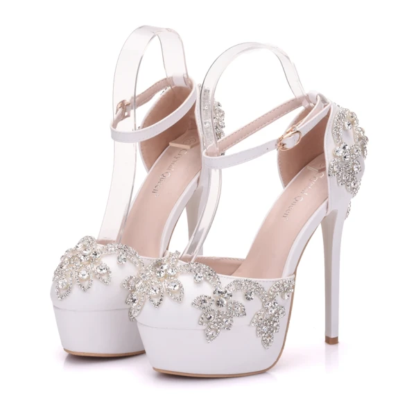 Mode Elfenben Brudskor 2018 Rhinestone Ankelband 14 cm Stilettklackar Pande Zote Toe Bröllop Högklackade
