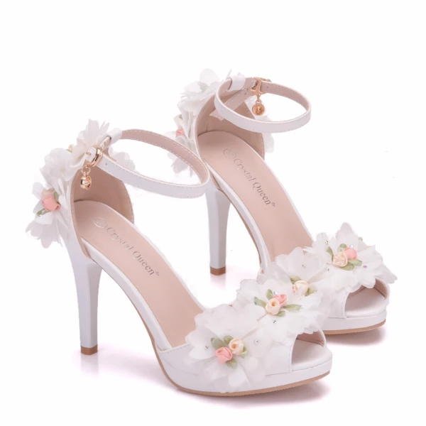 Modern / Fashion White Wedding Shoes 2018 Appliques Rhinestone Ankle Strap 8 cm Stiletto Heels Open / Peep Toe Wedding High Heels