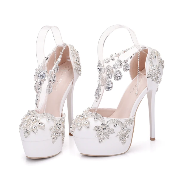 Glittrande Vita Brudskor 2018 Kristall Rhinestone 14 cm Stilettklackar Pande Zote Toe Bröllop Högklackade