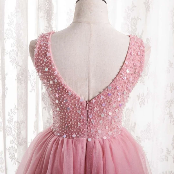 Charmant Rose Bonbon Volants Robe De Soirée 2021 Princesse Encolure Dégagée Sans Manches Perlage Paillettes Dos Nu Soirée Longue Robe De Ceremonie