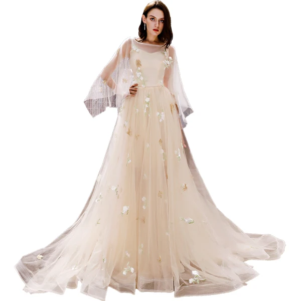 Modern / Fashion Champagne Evening Dresses 2019 A-Line / Princess Appliques Scoop Neck Backless Court Train Formal Dresses