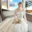 Luxury / Gorgeous Champagne Wedding Dresses 2018 Ball Gown Beading Sequins Square Neckline Long Sleeve Backless Royal Train