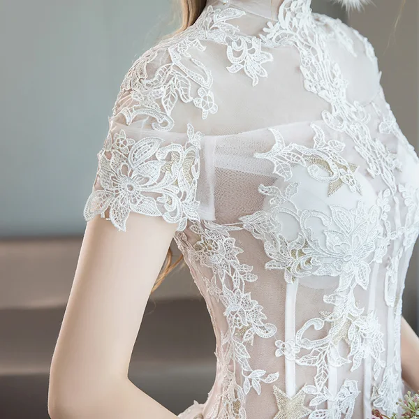 Modern / Fashion Ivory Corset Wedding Dresses 2018 A-Line / Princess Appliques Lace Star High Neck Short Sleeve Cathedral Train