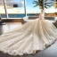 Luxury / Gorgeous Champagne Wedding Dresses 2018 Ball Gown Appliques Lace Off-The-Shoulder Short Sleeve Backless Royal Train